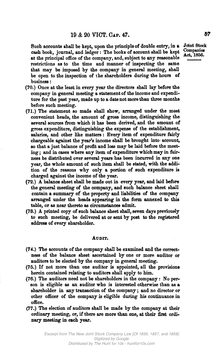 Text from the Joint Stock Companies Act 1856, Table B, Regulations for Management of the Company. It shows part of item 69 and all of items 70 through 77. Item 72 says, &ldquo;A balance sheet shall be made out in every year, and laid before the general meeting of the company, and such balance sheet shall contain a summary of the property and liabilities of the company arranged under the heads appearing in the form annexed to this table, or as near thereto as circumstances admit.&rdquo;
