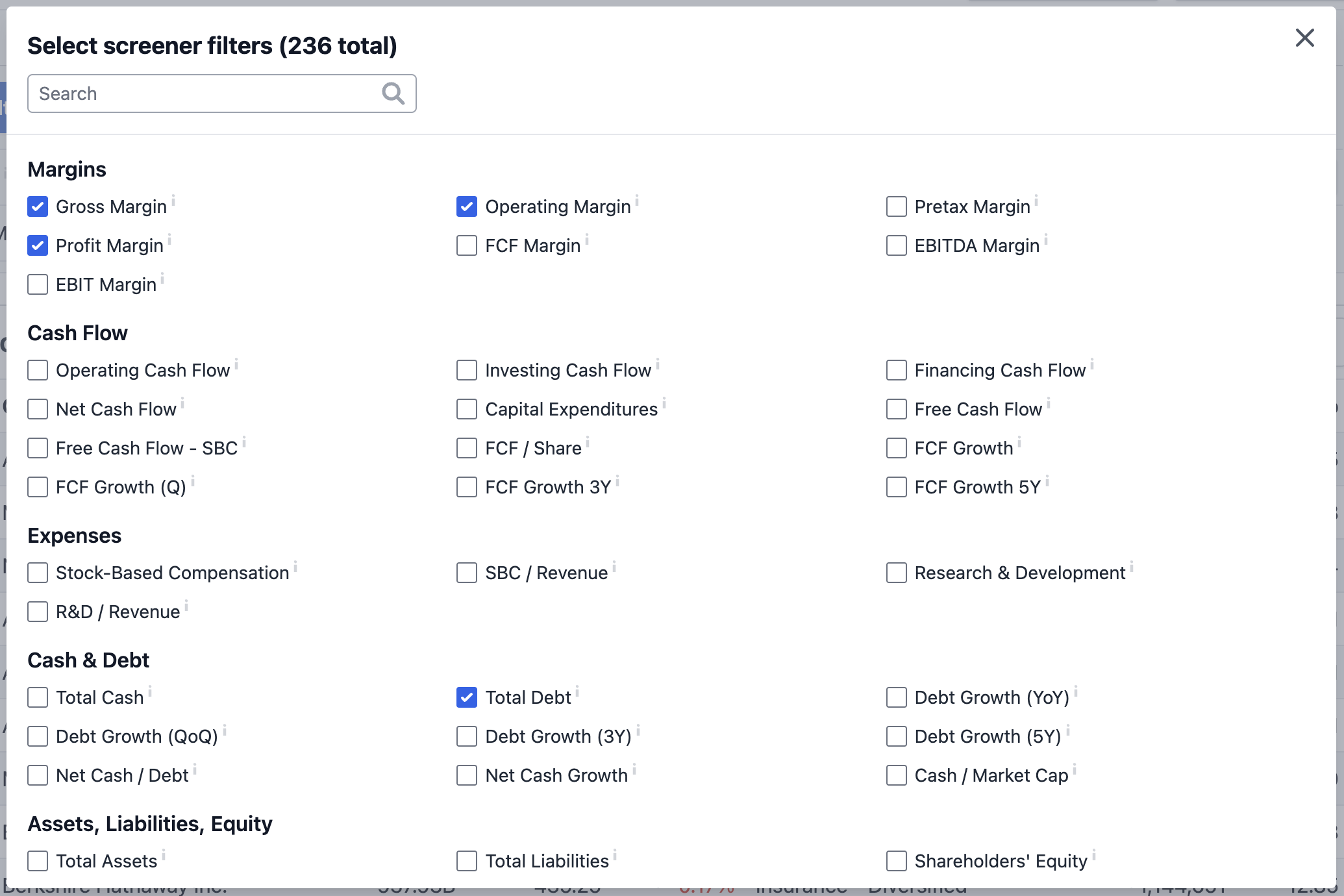 Setting up a stock screen in Stock Analysis A screenshot showing the StockAnalysis.com stock screener with filters like Gross Margin selected
