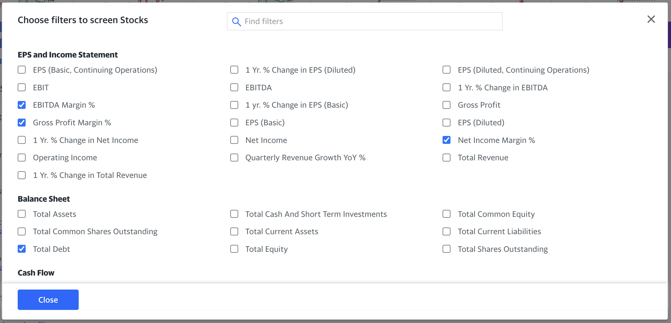 Setting up a stock screen in Yahoo Finance A screenshot showing the Yahoo Finance stock screener with filters like EBITDA Margin selected